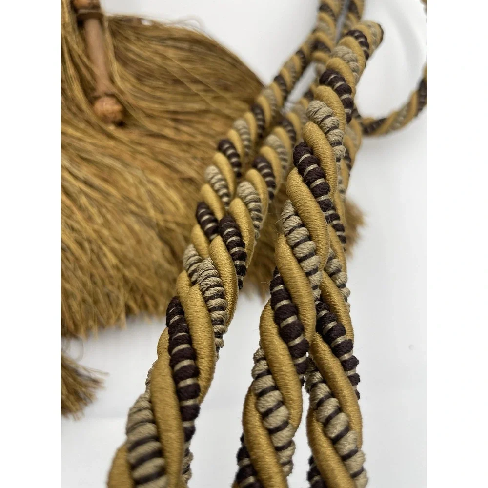 Vtg Pr Gold‎  Rope & Bead Braided Drapery Curtain Tassel Tiebacks 51
